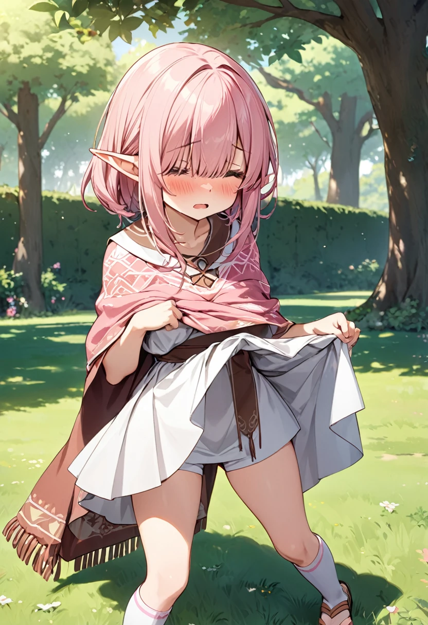 BREAK Perfect Anatomy、(High resolution:1.2)、Incredible illustrations、(Cute illustrations:1.2)、(Beautiful background(bushes in the park)) 1little girl((multicolored pink hair hair,((bangs over eyes)), embarrassed,)1girl((a girl,elf 1.5meters, 25kg,18 years old female, ((tunic,poncho,short pants,asymmetric thigh-high socks, sandals),tilting head,legs apart(((dress lift)),upskirt))