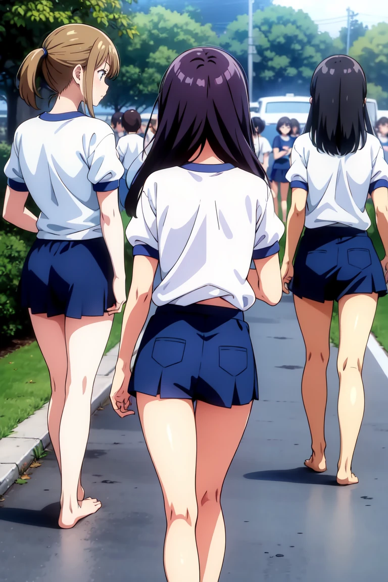 surely、Line up multiple girls in a straight line、Let it run,gym shirts,Highest quality,back view,1990s anime style,White shirt and blue bloomers,Angry expression,barefoot,A group of several girls,体操服とブルマを着たbarefootの女子たちが、Standing in a row、I run desperately through the schoolyard.,The girls are barefoot,The girls were sweating、Running with a tired look,