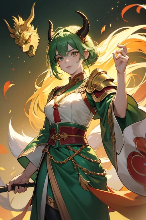 Qilin had orange skin and blank eyes without any pupils or irises. She wore a Chinese armor with a jade green chain mail covered by a dark green chest and abdominal plates with golden edges, a skirt armor with jade green chain mail, red and dark green shoulder plates with golden edges and red spiral-shaped ornaments at her waist with a long brushy dark green tail with brilliant green tips. She also wore dark green pants with red coloring at her thighs with golden poleyns and her feet were hoofed. Protecting her head, she had a golden helmet that is shaped after the head of the mythical creature Qilin, having blank eyes just like her, a red mustache with two long whiskers, a long golden horn that branched itself into four tips, and a dark green mane with green tips.  SPARKLE; GLITTER
