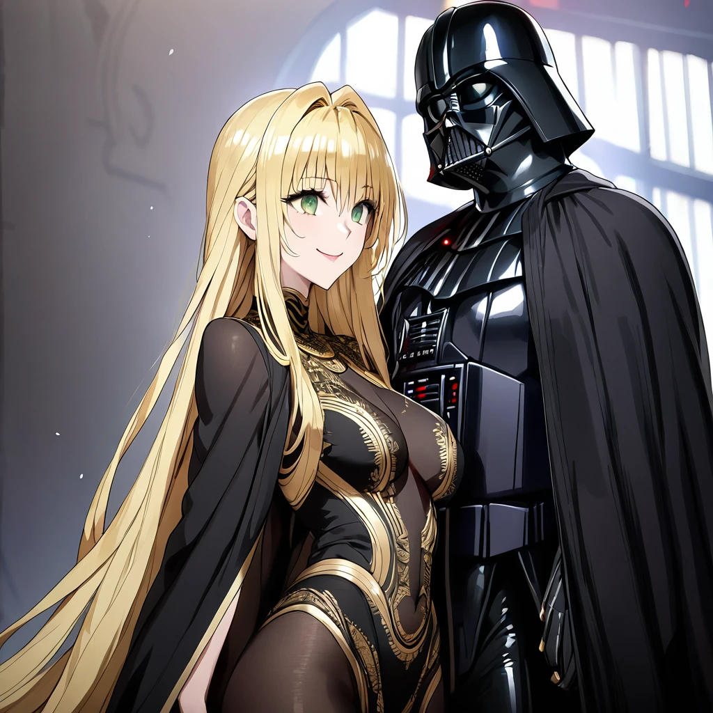 ((Highest quality)), ((masterpiece)), (detailed), (Perfect Face)、The woman is Tiare, a Sith Lord, with green eyes, blonde medium-long hair, and a gorgeous black Darth Vader costume with gold patterns and trim. She is wearing a gorgeous black cloak and a Darth Vader helmet.、The woman is standing next to Darth Vader and smiling sweetly at him.