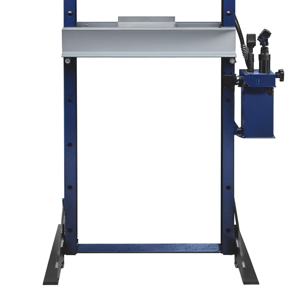 Close up of a machine with a blue handle on a white background, Guillotine RGB, , highly technical, Hydraulic characteristics, product photo, Product Image, technical, high quality, medium portrait, high technical detail, Alps, high tech, high tech, Large Portrait, High Detail, according to, Center frame medium shot，unbelievably realistic，Hydraulic press