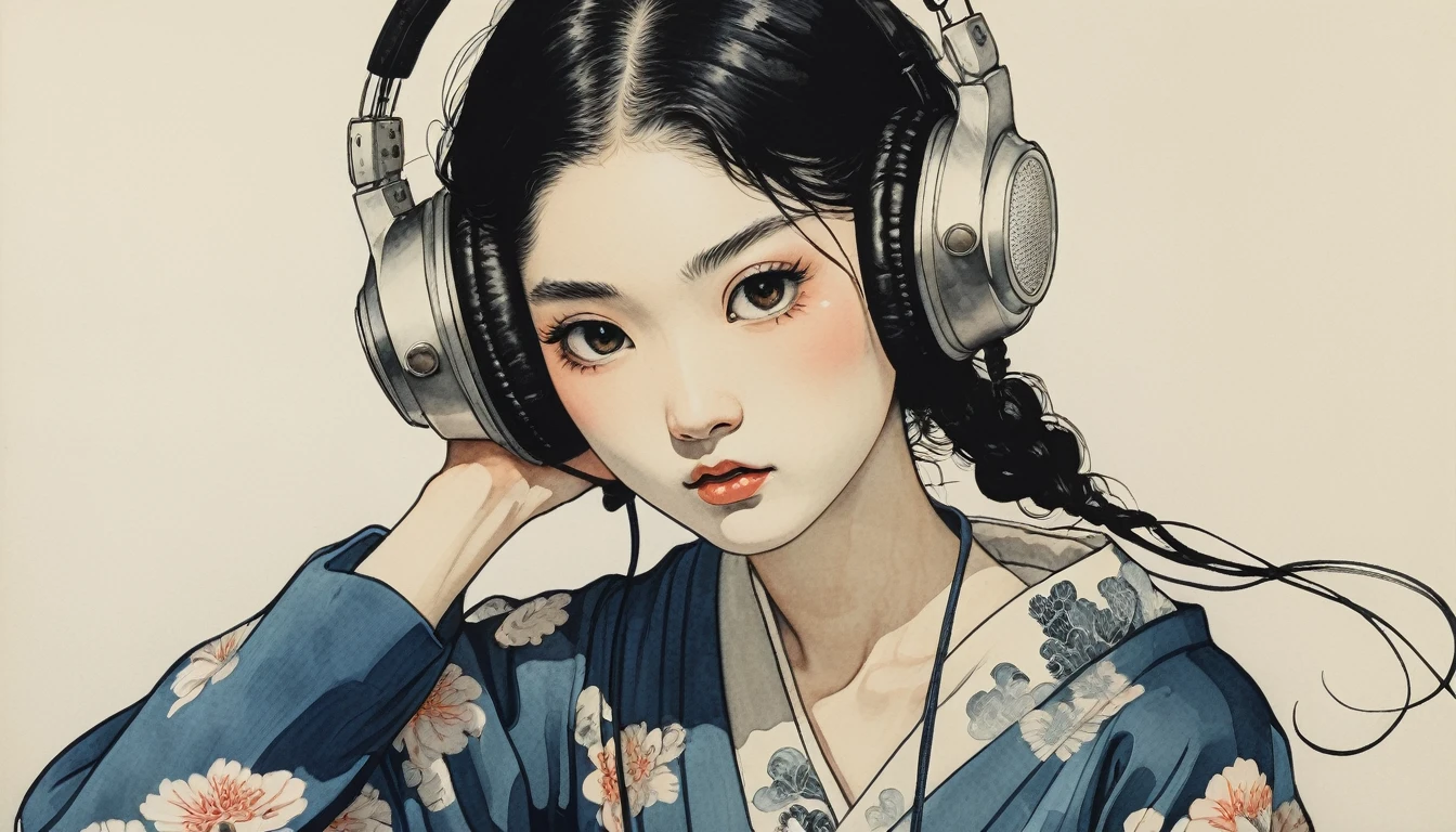 Skull Swordsman, Highest quality, Katsushika Hokusai, Ink Painting, (((1 girl))), Japanese style headphones, Black Hair, Delicate and precise, Modern ukiyo-e style, Darkness