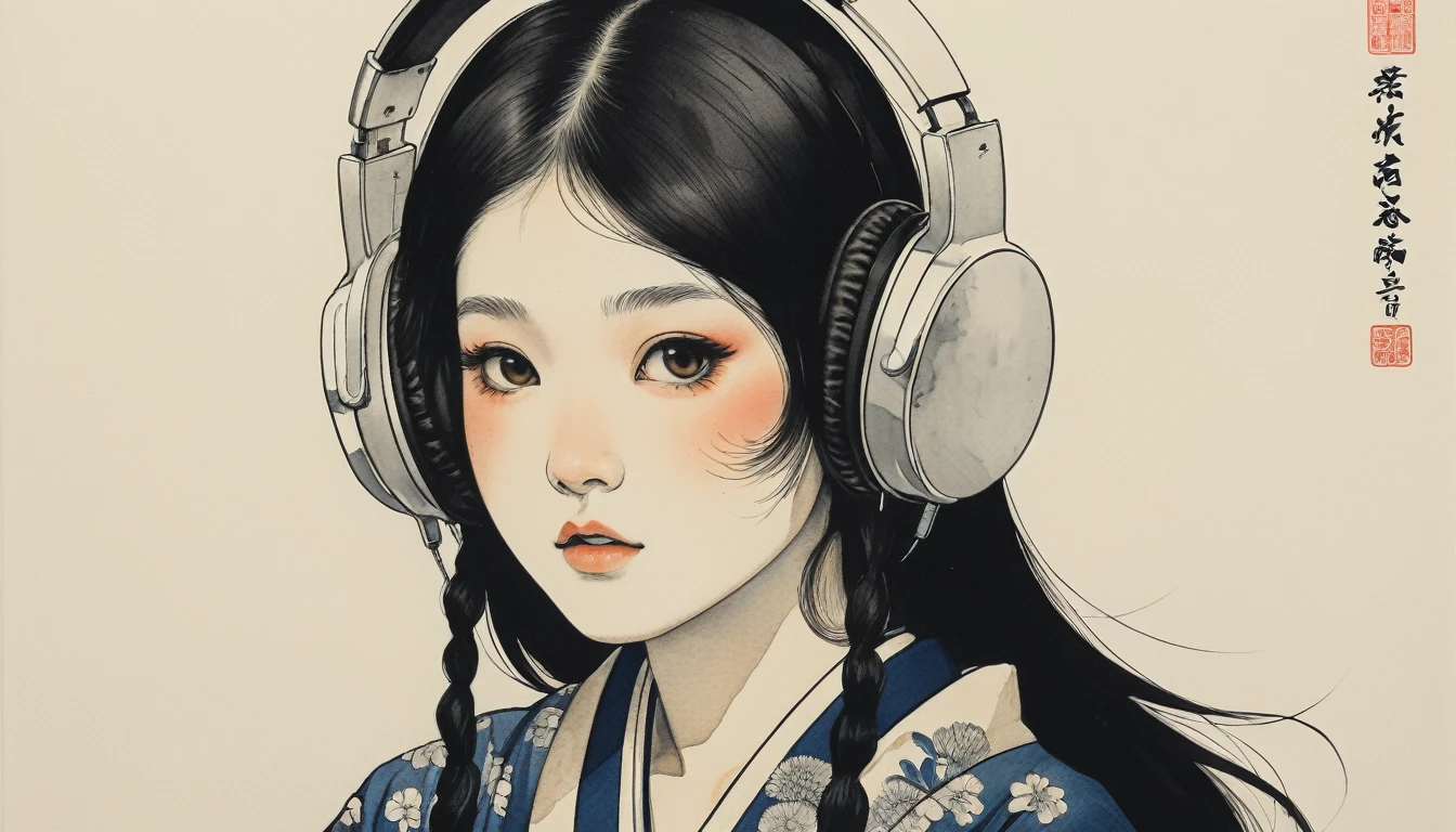 Skull Swordsman, Highest quality, Katsushika Hokusai, Ink Painting, (((1 girl))), Japanese style headphones, Black Hair, Delicate and precise, Modern ukiyo-e style, Darkness