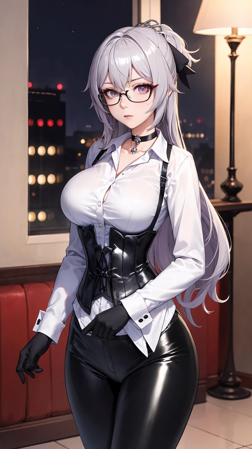 Masterpiece, Beautiful art, professional artist, 8k, detailed body, Very detailed face, very detailed eyes, Detailed clothing, detailed fabric, Best Quality, better resolution, 1 girl, bronya zaychik \(Honkai Impact 3rd\), front view, standing, big breasts, serious expression, At night , long silver hair, glasses, choker:1.6, (white collar button down long sleeve shirt), (shiny black corset), black gloves that cover your hands, (shiny black leggings), looking at the viewer, elegant room, At night