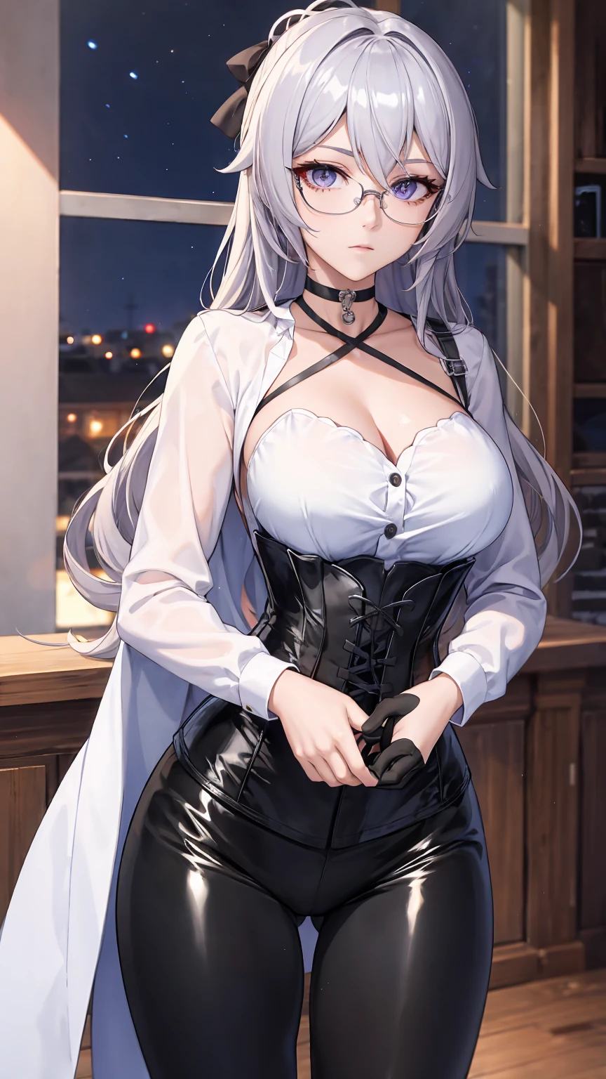 Masterpiece, Beautiful art, professional artist, 8k, detailed body, Very detailed face, very detailed eyes, Detailed clothing, detailed fabric, Best Quality, better resolution, 1 girl, bronya zaychik \(Honkai Impact 3rd\), front view, standing, , serious expression, At night , long silver hair, glasses, choker:1.6, (white collar button downg sleeve shirt), (shiny black corset), black gloves that cover your hands, (shiny black leggings), looking at the viewer, elegant room, At night