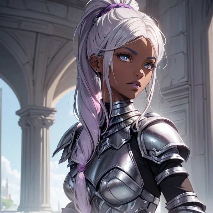 (absurdres, best high quality image, carefuly detailed features and textures, very detailed image, solo character alone, full character body view, warcraft-aesthetic): {{(1character: 43 years old silver hair african human noble woman milf), ((african black skin), (blue eyes), (grey eyebrows), (beautiful features, absolute beauty), (pink lips), (grey long hair tied in a high ponytail)), ((purple battle armor, silver scimitar)), (sweet demeanor), (fountain green plaza)}}