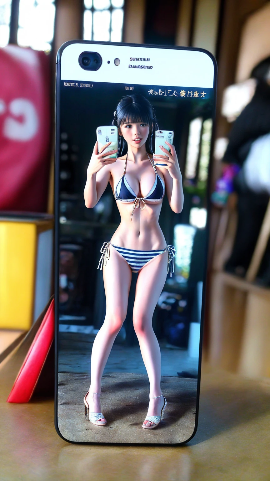最high quality、high quality、Best image quality、8K、最High resolution、High resolution、最high quality、masterpiece、RAW Photos、whole body写真、Detailed and realistic human body、Detailed and realistic skin、Realistic face in every detail、Detailed and realistic eyes、Detailed and realistic lips、Detailed and realistic teeth、Detailed and realistic ears、Detailed and realistic hair、Realistic reproduction of every detail、((Beautiful Hands(thumb１、reference４))、Realistic feet down to the last detail、((Beautiful Japanese Girl))、(Japanese Model)、 ((18 year old beautiful girl))、(Black Hair)、(Random Hairstyles)、((whole body))、((Slim and perfect figure))、(Beautiful and firm breasts)、(whole body光沢肌、Fair skin)、((Girl in striped bikini))、((Photographing a girl with a smartphone))、((Her bikini figure appears on the smartphone screen))、((Squat with your legs wide apart))、((I look at her bikini body on my smartphone))