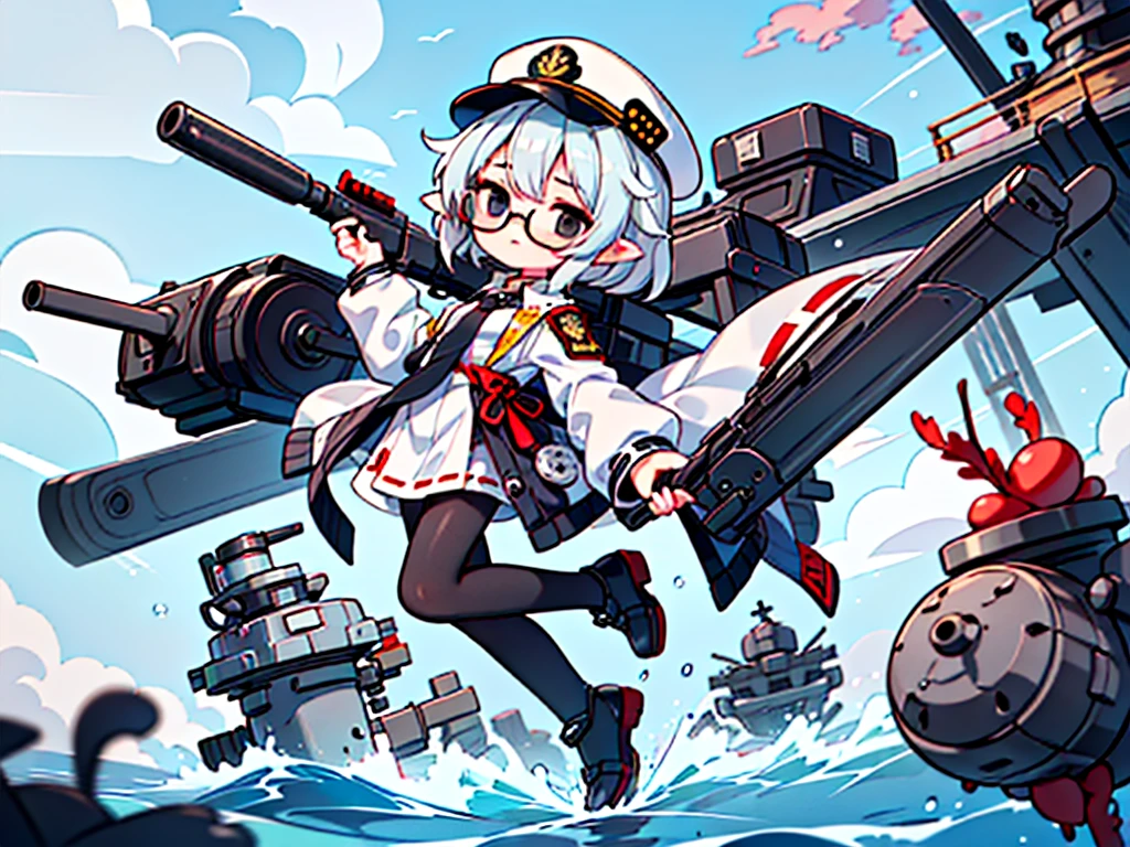 (((masterpiece, Vision))), ((((Full body of a woman with perfect flat chest、1 Female、solo、Short unkempt black hair、Tie your messy hair at the nape of your neck、white military jacket、Miko costume、black tights、Black glasses are black、White military cap、Cloudy black eyes、Confused eyes、Junyo-inspired emblem)))), (((Shipgirl))), ((Floating on the morning sea with both feet)), (Standing with your legs apart)), Aim, (Hold the shotgun turret grip with your right hand), (White mechanical tentacles extending from the back 4), (Mechanical tentacles holding the turret), (Equipped with a bridge on the back), (His left arm holds the grip of a triple machine gun),