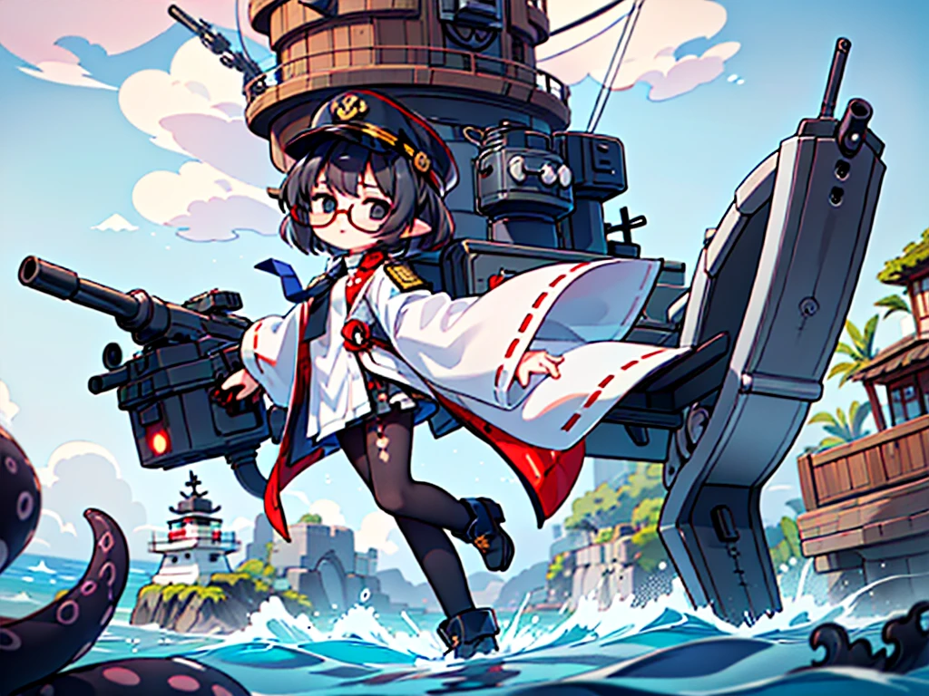 (((masterpiece, Vision))), ((((Full body of a woman with perfect flat chest、1 Female、solo、Short unkempt black hair、Tie your messy hair at the nape of your neck、white military jacket、Miko costume、black tights、Black glasses are black、White military cap、Cloudy black eyes、Confused eyes、Junyo-inspired emblem)))), (((Shipgirl))), ((Floating on the morning sea with both feet)), (Standing with your legs apart)), Aim, (Hold the shotgun turret grip with your right hand), (White mechanical tentacles extending from the back 4), (Mechanical tentacles holding the turret), (Equipped with a bridge on the back), (His left arm holds the grip of a triple machine gun),