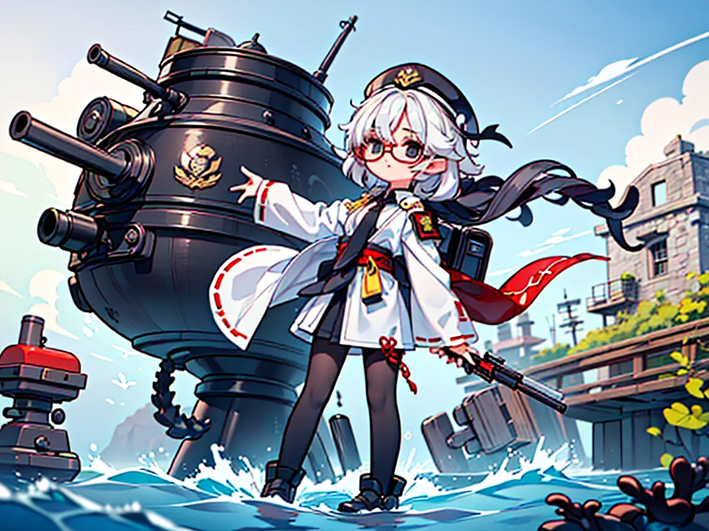 (((masterpiece, Vision))), ((((Full body of a woman with perfect flat chest、1 Female、solo、Short unkempt black hair、Tie your messy hair at the nape of your neck、white military jacket、Miko costume、black tights、Black glasses are black、White military cap、Cloudy black eyes、Confused eyes、Junyo-inspired emblem)))), (((Shipgirl))), ((Floating on the morning sea with both feet)), (Standing with your legs apart)), Aim, (Hold the shotgun turret grip with your right hand), (White mechanical tentacles extending from the back 4), (Mechanical tentacles holding the turret), (Equipped with a bridge on the back), (His left arm holds the grip of a triple machine gun),