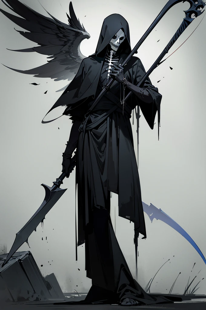 A painting of a man holding a sickle and a scythe, Scythe design, the Angel of Death, Angel of Death, Full body concept, Spooky and gloomy art style, Detailed but rough, Pure black body, detailed Full body concept, Grim Reaper Illustration, Demon Soul concept art, skeleton with extra fleshy bits, dark souls concept