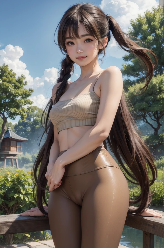 (masterpiece, Highest quality, 8K, High resolution),(Realistic skin texture, Perfect Face, Realistic, Perfect hands, Perfect finger count, Japanese, Girl), (18-year-old), Big Eyes, Brown eyes, Light brown hair, bangs, Twin tails, hair accessory, Small face, Smile, ((Tube top, leggings, Cameltoe)), Are standing, Cute pose, garden, wood々, Blue sky and clouds