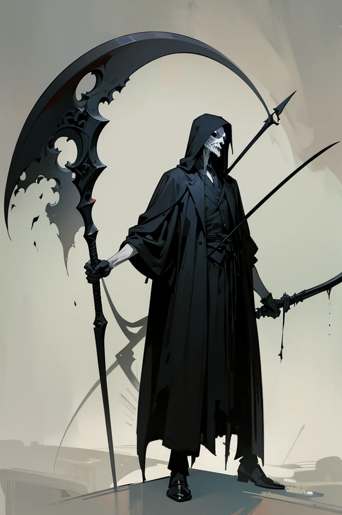 A painting of a man holding a sickle and a scythe, Scythe design, the Angel of Death, Angel of Death, Full body concept, Spooky and gloomy art style, Detailed but rough, Pure black body, detailed Full body concept, Grim Reaper Illustration, Demon Soul concept art, skeleton with extra fleshy bits, dark souls concept