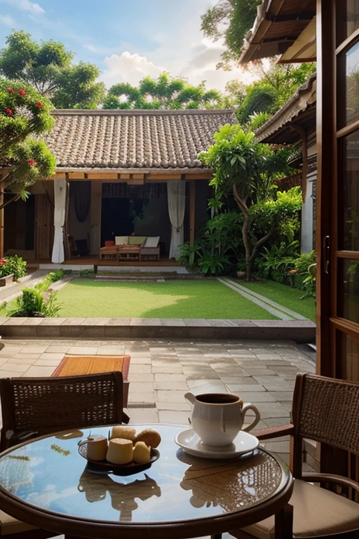 Photo realistic A cup of morning coffee accompanied by steamed bread on the terrace of the house with a view of the garden of a typical Indonesian house 