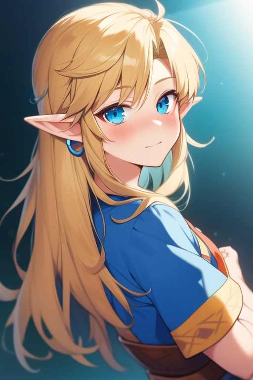 ((melhor qualidade)), ((Obra de arte)), (detalhado), Link from Zelda, alone, aqua T-shirt, big blonde hair, pointy ears, looking at viewer, blue eyes, beautiful boy, cute expression, cute boy, teenager, small hoop in the ear, small blush, small smile, looking over the shoulder 