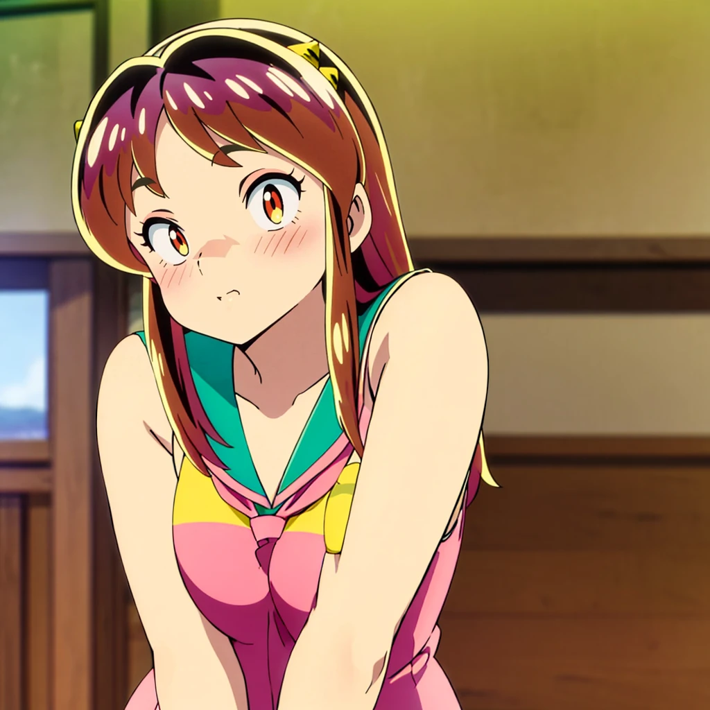 masterpiece, Highest quality, 1 Girl, Lum, Charm, 18-year-old, anime, sexy, blush, Close-up of face, Squint your eyes and laugh, Japan, High definition, nose blush, Sailor suit, Summer clothes, classroom,  uniform