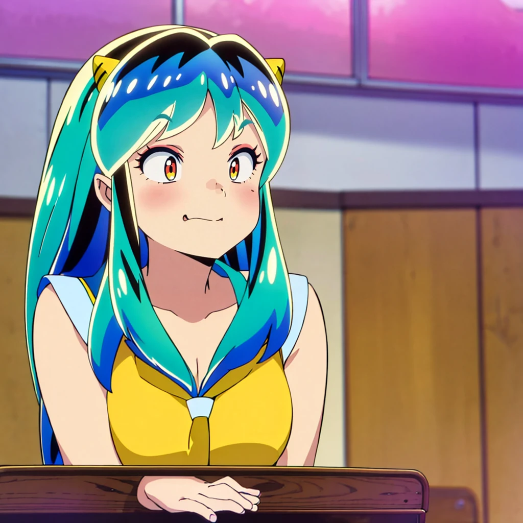 masterpiece, Highest quality, 1 Girl, Lum, Charm, 18-year-old, anime, sexy, blush, Close-up of face, Squint your eyes and laugh, Japan, High definition, nose blush, Sailor suit, Summer clothes, classroom, uniform
