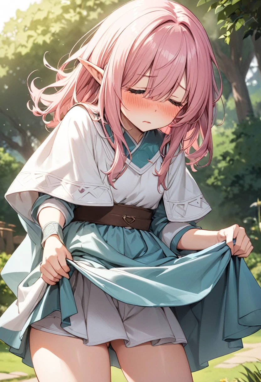 BREAK Perfect Anatomy、(High resolution:1.2)、Incredible illustrations、(Cute illustrations:1.2)、（Beautiful background（bushes in the park)) 1little girl((multicolored pink hair hair,((bangs over eyes)), embarrassed,)1girl((a girl,elf 1.5meters, 25kg,18 years old female, ((tunic,poncho,,loose pants,asymmetric thigh-high socks, sandals),tilting head,legs apart(((dress lift)),upskirt))
