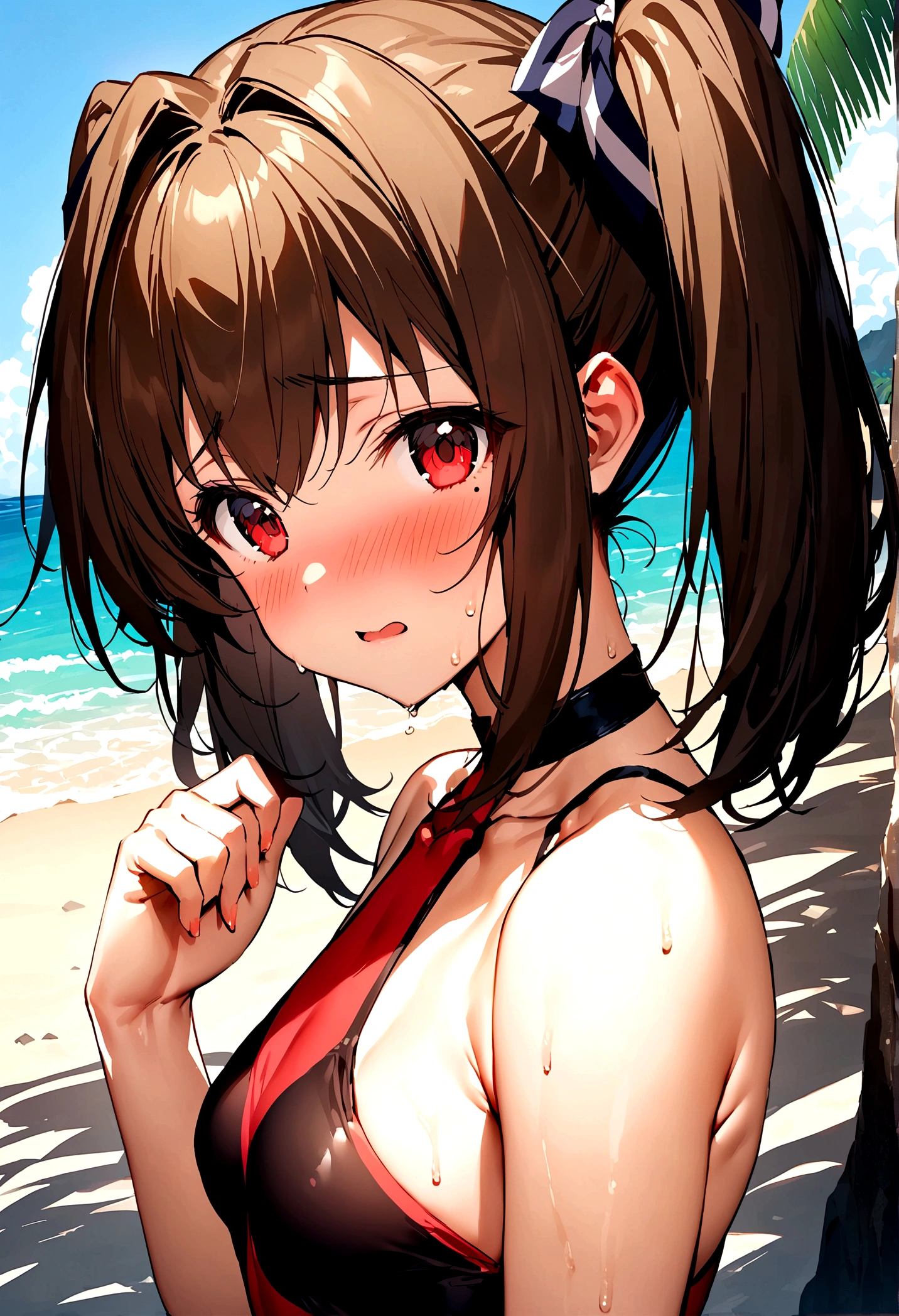 NSFW,masterpiece,Highest quality,High resolution,Super detailed,Nekone \(Utawarerumono\),Brown Hair、（Red Eye：1.3）、ribbon,Twin tails、ヘアribbon、Mole、目の下のMole,Small breasts,Japanese style,High quality sexy bikini,beach,Palm tree,Rock Shade,Embarrassed,blush,(Seduce),(Strong-faced men),Picking Up Girls,A man is fingering