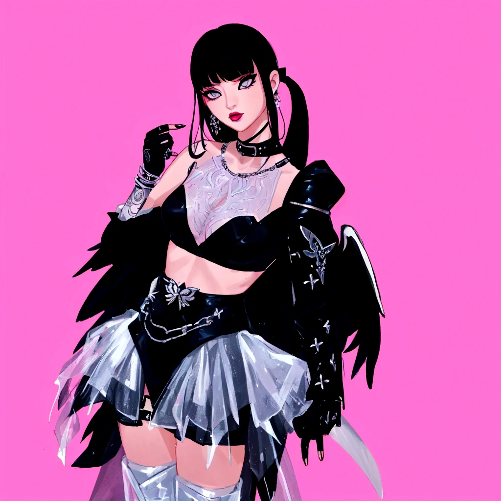 arafed image of a woman in a black outfit imvu, as a mystical valkyrie, villainess has black angel wings, second life avatar, inspired by Sim Sa-jeong, upper body avatar, goth girl aesthetic, she has black hair with bangs, portrait of jossi of blackpink