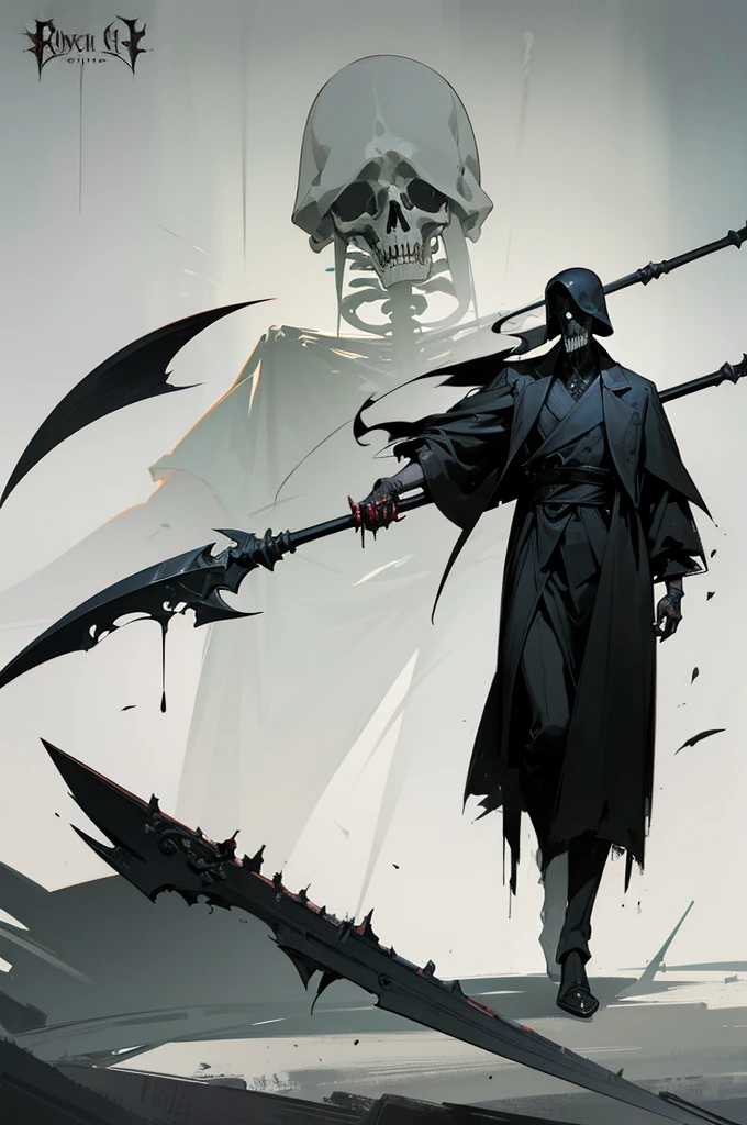 A painting of a man holding a sickle and a scythe, Scythe design, the Angel of Death, Angel of Death, Full body concept, Spooky and gloomy art style, Detailed but rough, Pure black body, detailed Full body concept, Grim Reaper Illustration, Demon Soul concept art, skeleton with extra fleshy bits, dark souls concept, Dark skin