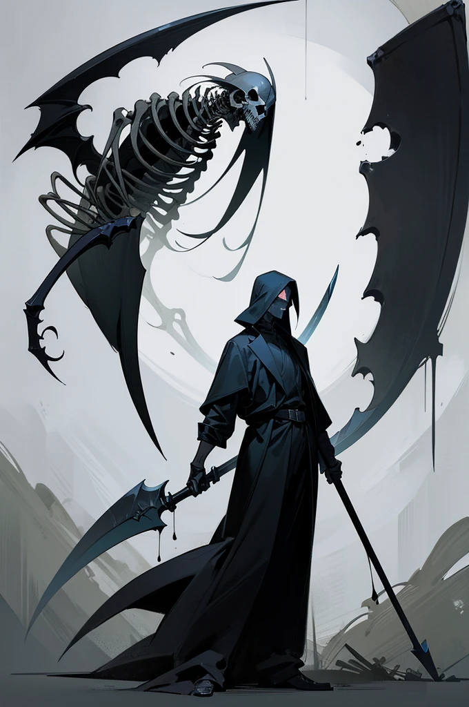 A painting of a man holding a sickle and a scythe, Scythe design, the Angel of Death, Angel of Death, Full body concept, Spooky and gloomy art style, Detailed but rough, Pure black body, detailed Full body concept, Grim Reaper Illustration, Demon Soul concept art, skeleton with extra fleshy bits, dark souls concept, Dark skin