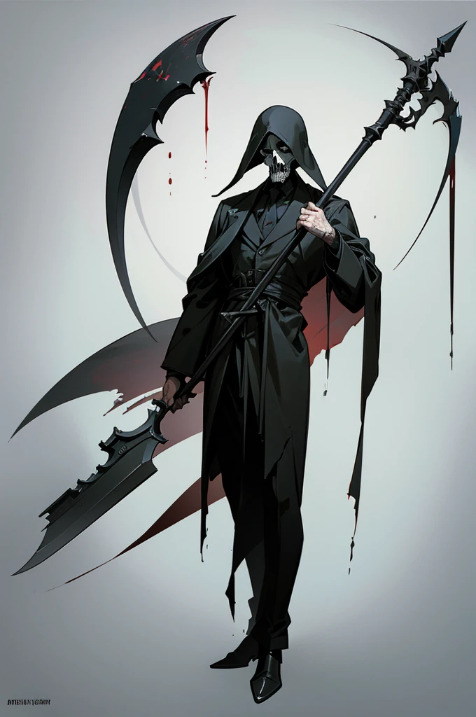 A painting of a man holding a sickle and a scythe, Scythe design, the Angel of Death, Angel of Death, Full body concept, Spooky and gloomy art style, Detailed but rough, Pure black body, detailed Full body concept, Grim Reaper Illustration, Demon Soul concept art, skeleton with extra fleshy bits, dark souls concept, Dark skin