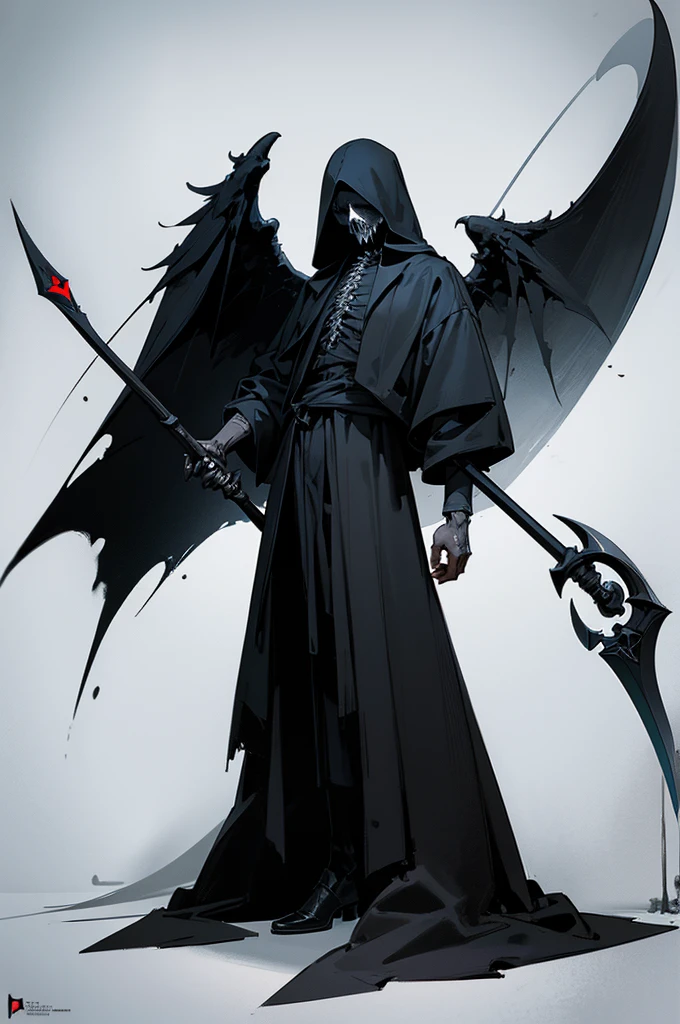 A painting of a man holding a sickle and a scythe, Scythe design, the Angel of Death, Angel of Death, Full body concept, Spooky and gloomy art style, Detailed but rough, Pure black body, detailed Full body concept, Grim Reaper Illustration, Demon Soul concept art, skeleton with extra fleshy bits, dark souls concept, Dark skin