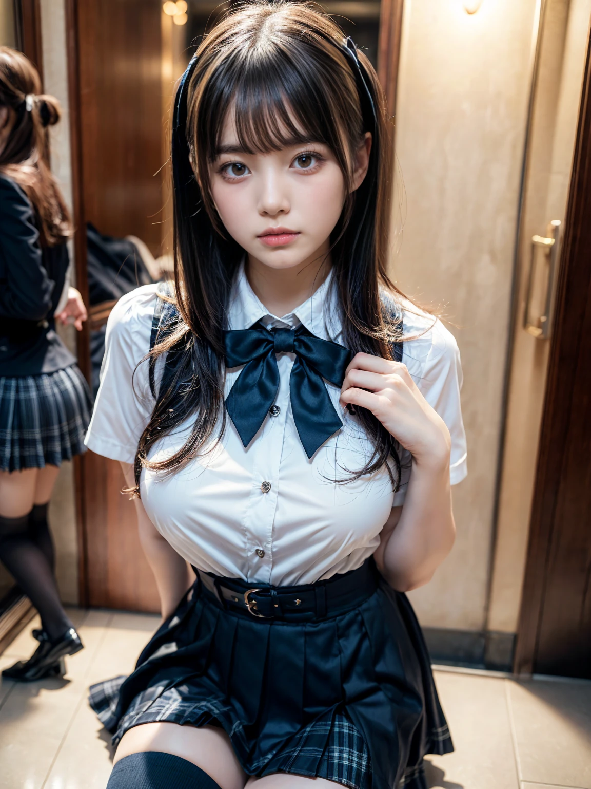 (8K, Raw photography, top-quality, masterpiece:1.2), muster piece, best quality, illustration, Super detailed, fine details, High resolution, 8K,wall paper, perfect dynamic composition,(Details High quality, realistic depiction of eyes:1.3), ((2 girls, 2 schoolgirls)), The background is a luxury hotel room、High school girl uniform、blazer 、Super Short Check Uniform Skirt、Navy blue high socks、garterbelts、Colossal tits、Disturbed uniform, Play with each other,Touching each other's bodies,Touching the body of the girl next door, short bob hair, black hair color, huge breasts, Big Natural Color Lip, bold sexy pose, (perfect body shape), crying a little、cold gaze, Harajuku style、Beautiful makeup,glitter makeup,Cutest 18 years old、 beautiful legs, hposing Gravure Idol, Voluptuous thighs