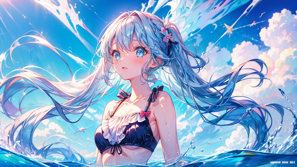 1 Girl, stylish, Swimwear, Wind, Ocean, Shimizu, transparent, chest, bright