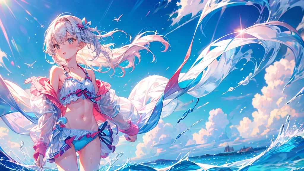 1 Girl, stylish, Swimwear, Wind, Ocean, Shimizu, transparent, chest, bright