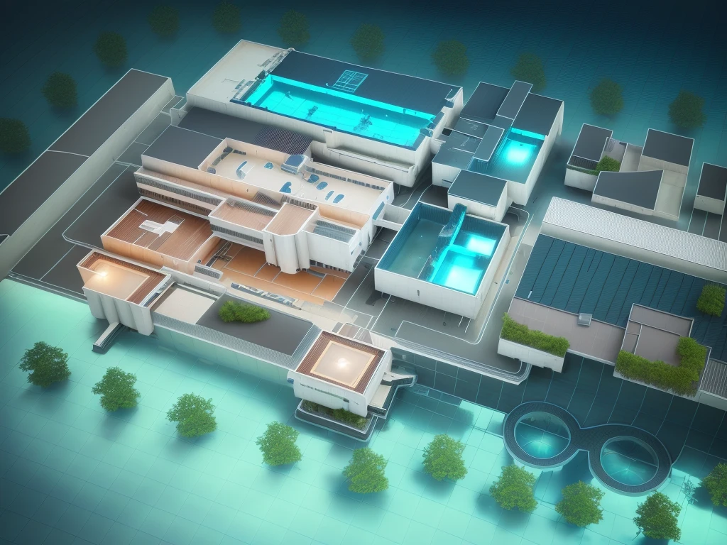 Image of a building with a swimming pool and lots of water, Isometric 3d rendering, Bioremediation Plant, extreamly detailed data center, Detailed Factory, High-tech environment, industrial plant environment, Detailed Data Center, Isometric drawing, 2D Axonometric Top View, Futuristic production facility, Pre-rendered isometric graphics。Internet of Things,Technology,Futuristic