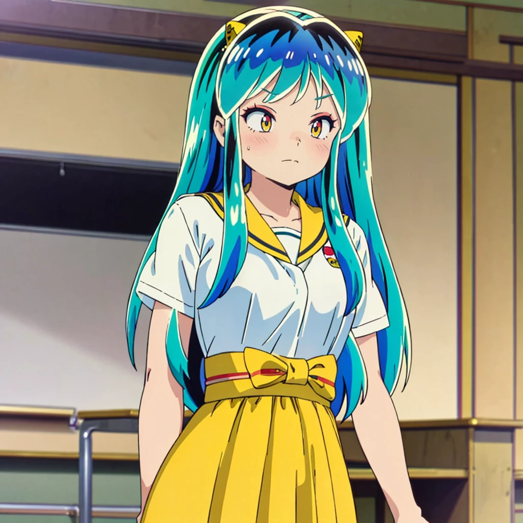 masterpiece, Highest quality, 1 Girl, Lum, Charm, 18-year-old, anime, sexy, blush, Close-up of face, Squint your eyes and laugh, Japan, High definition, nose blush, Sailor suit, Summer clothes, classroom, uniform