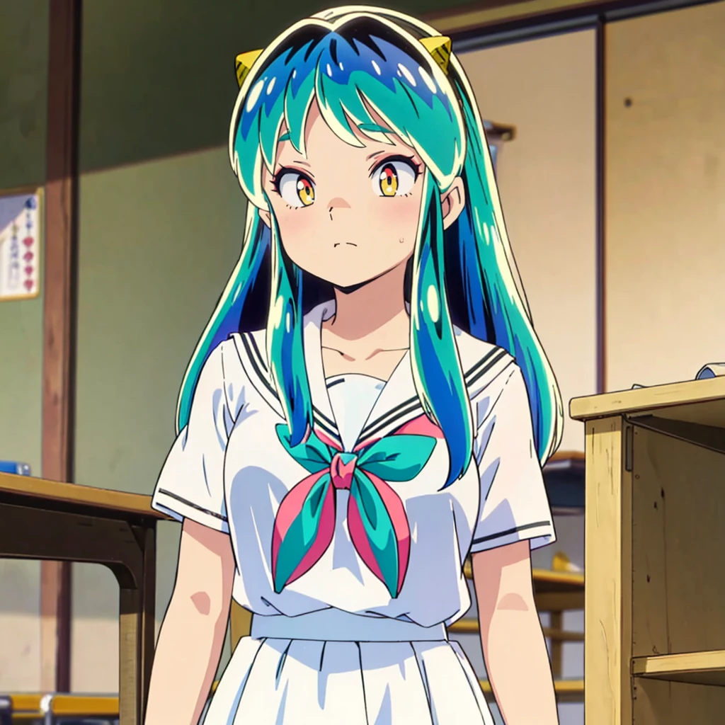 masterpiece, Highest quality, 1 Girl, Lum, Charm, 18-year-old, anime, sexy, blush, Close-up of face, Squint your eyes and laugh, Japan, High definition, nose blush, Sailor suit, Summer clothes, classroom, uniform