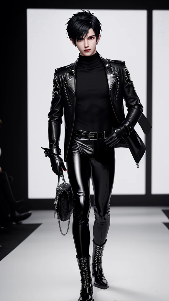 Final fantasy taste and reality graphics, Japanese young cute and cool ikemen boy, his age is early 20s, thin eyebrows and beady eyes, he wearing off white color leather very thick singlebrest biker jacket, with epaulet, jacket is long sleeve, must close the front of the leather jacket, jacket is biker style, jacket is voluminous, , jacket collar is high length stand-up collar with two belts, jacket is a little black color line pattern,close the front of the jacket, also wearing black very thick turtleneck lackluster shirts, tight black leather pants, shiny black leather tight and thin glove, black leather knee-high raceup boots,must views head-to-toe,must views whole body, boy looks like fashion model,Do not show skin from the neck down,leather jacket leather glove and leather pants have few wrinkles,boy in the room,