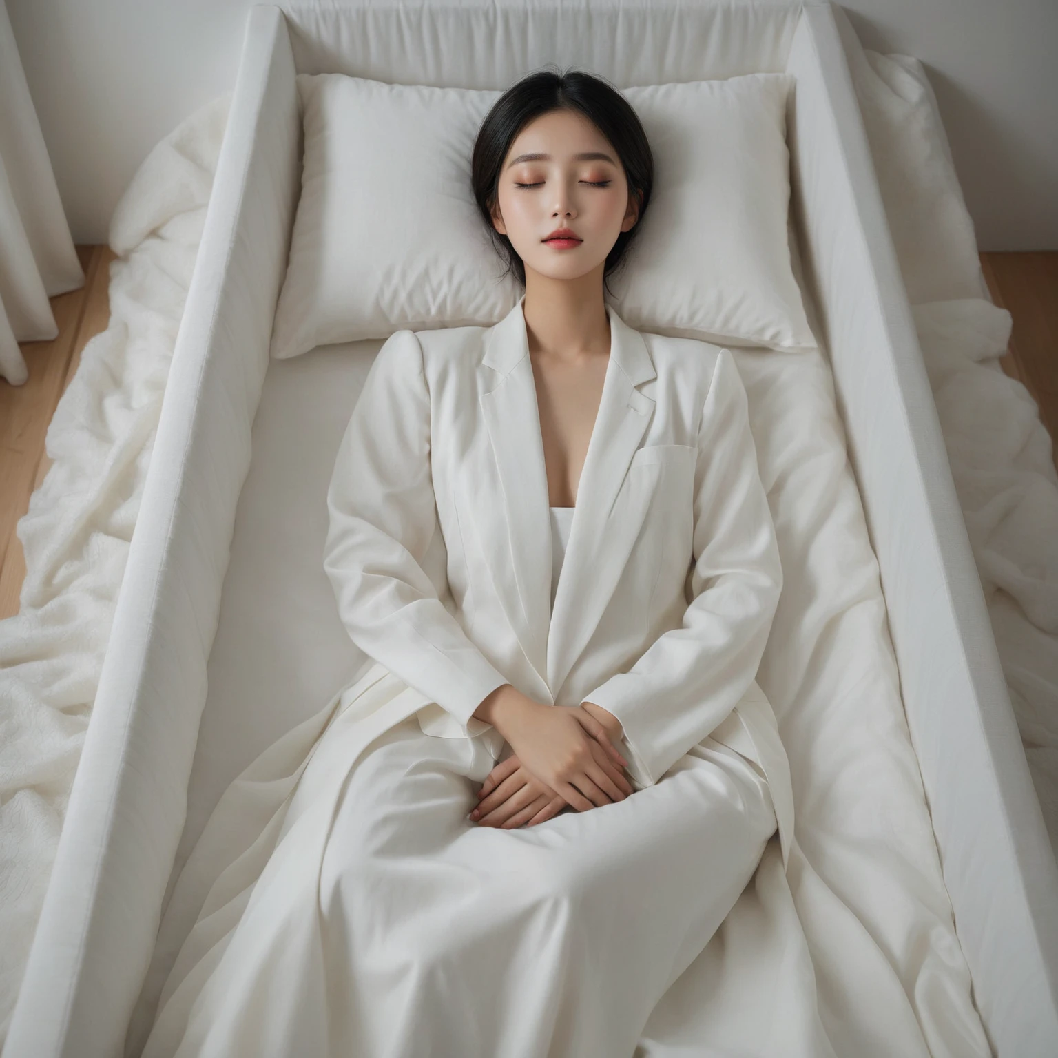 In a deep, white coffin with plush pillows (1.5 meters tall), a serene 22-year-old Korean girl sleeps peacefully. The box's interior is bathed in soft, diffused light against a striking black background. She wears a sleek, sleeveless blazer and has luscious eyebrows, eyelashes, and a flawless complexion. Her closed eyes and mouth convey tranquility. Render in Ultra High Resolution with Saturated colors, emphasizing the beautiful details of her face and the surrounding environment.