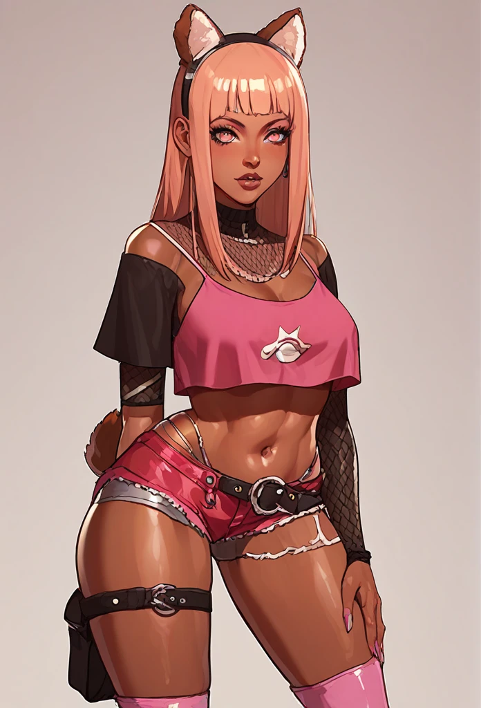 Score_9, score_8_up, score_7_up, score_6_up, source_anime, rating:general, 1girl, Sakura Haruno\(Naruto\), slutty_clothes, makeup, jewelry, camisole, dog ears, dog tail, dark skin, metallic tan, pink eyeshadows, long eyelashes, parted lips