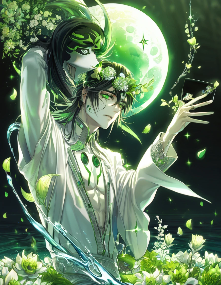 absurdres, highres, ultra detailed, HDR, master piece, best quality, extremely detailed, Ulquiorra Cifer, black hair, expressive green eyes, Bleach, solo, sexy man, handsome, pale skin, white clothes, magical, fantasy, glittering, sparkling, glass, blossoms, green flowers, green petals, water, green moon