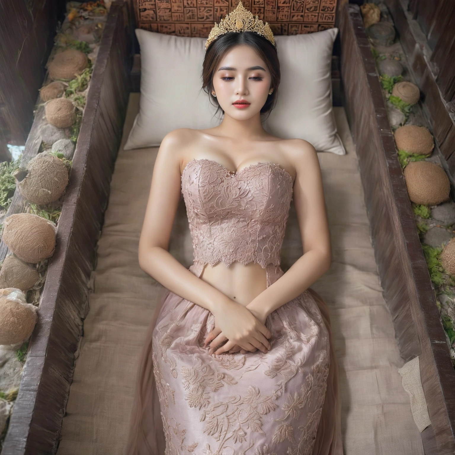 (black coffin:1.5), (pillows inside the coffin:1.5), (black background:1.5), 2 girls sleep in the box, (deep box:1.5), Best Quality, Masterpiece, Ultra High Resolution, Illustrate a beautiful girl close up dressed in kebaya, set against the backdrop of a Balinese temple. Ensure that the image is photorealistic and of top-quality 8K HDR, capturing every intricate detail of the scene.,kebaya,kebaya indonesia,p3rfect ,cleavage, round breast, beautiful eyebrows, beautiful breast, beautiful eyelashes, breast fixed, (eyebrows fixed), body fixed, (big boobs:1.5), (closed mouth), Korean face, 22 years old, (superb embriodery:1.6), (sexy cleavage:1.2), (clean face:1.5) , Saturated colors, More Detail, beautiful face, (closed eyes:1.5), (sleeveless:1.5), (legs straight:1.5), (absolute cleavage:1.5), (visible breast:1.5), (big skirt:1.5), (ball skirt:1.5)
