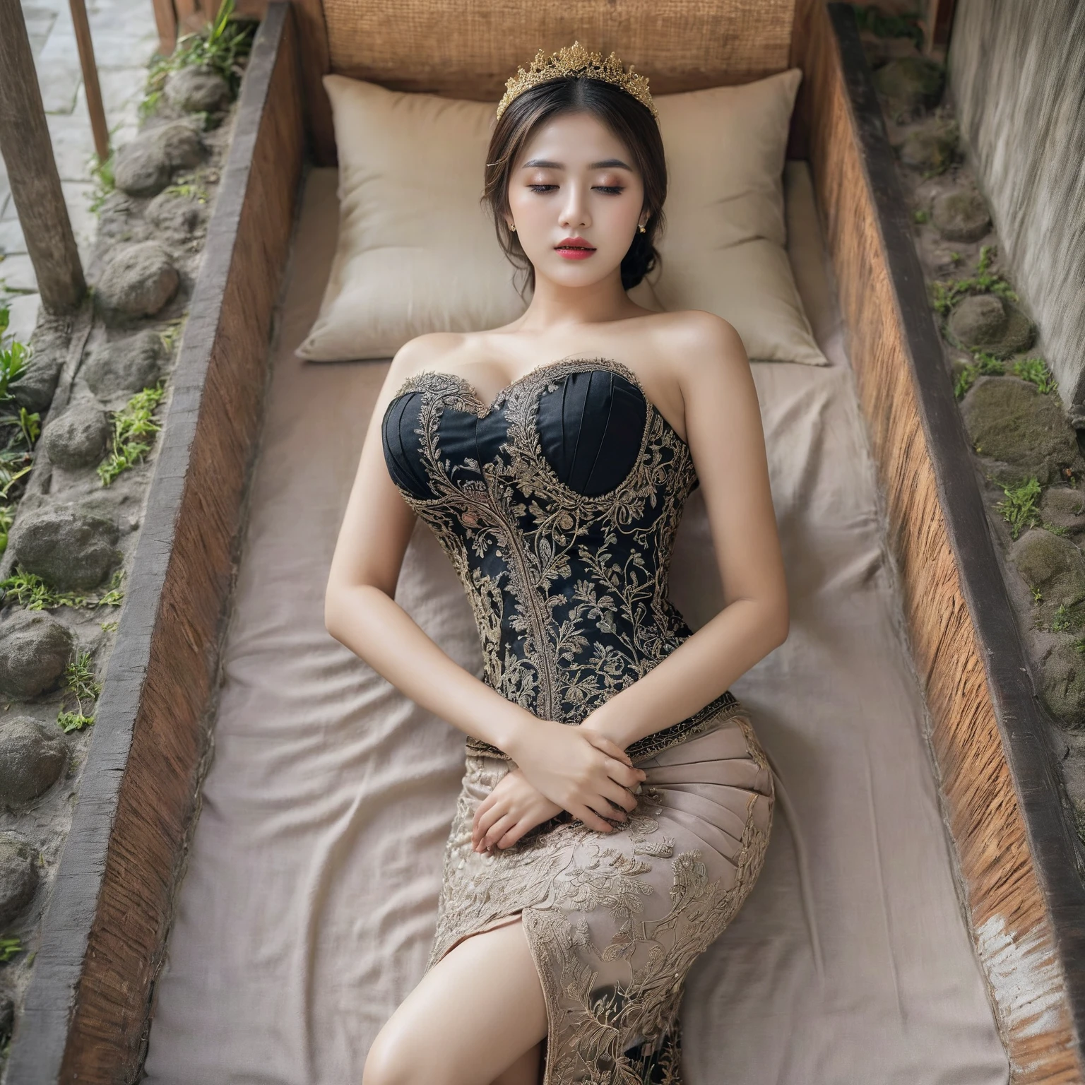 (black coffin:1.5), (pillows inside the coffin:1.5), (black background:1.5), 2 girls sleep in the box, (deep box:1.5), Best Quality, Masterpiece, Ultra High Resolution, Illustrate a beautiful girl close up dressed in kebaya, set against the backdrop of a Balinese temple. Ensure that the image is photorealistic and of top-quality 8K HDR, capturing every intricate detail of the scene.,kebaya,kebaya indonesia,p3rfect ,cleavage, round breast, beautiful eyebrows, beautiful breast, beautiful eyelashes, breast fixed, (eyebrows fixed), body fixed, (big boobs:1.5), (closed mouth), Korean face, 22 years old, (superb embriodery:1.6), (sexy cleavage:1.2), (clean face:1.5) , Saturated colors, More Detail, beautiful face, (closed eyes:1.5), (sleeveless:1.5), (legs straight:1.5), (absolute cleavage:1.5), (visible breast:1.5), (big skirt:1.5), (ball skirt:1.5)
