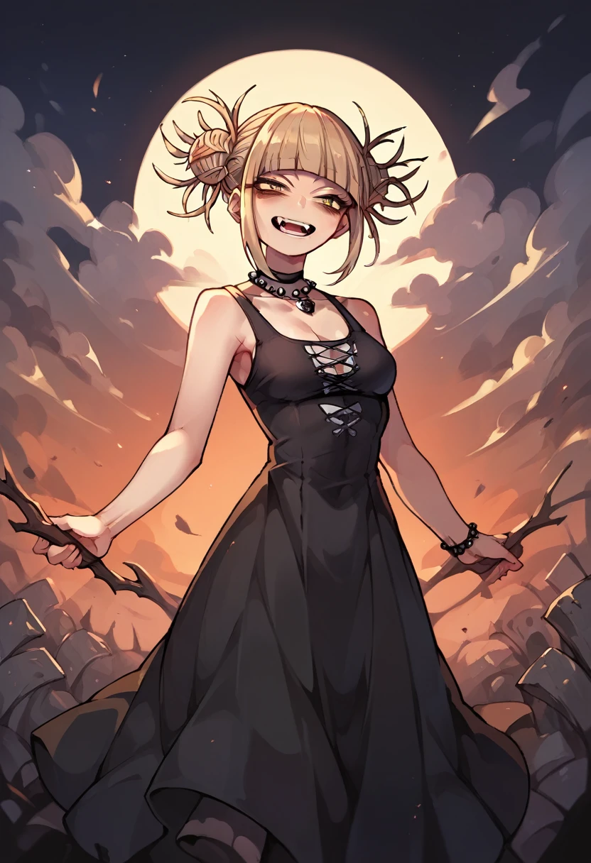 Himiko toga in a war landscape and dressed in a sexy and revealing gothic black dress (whole body) 