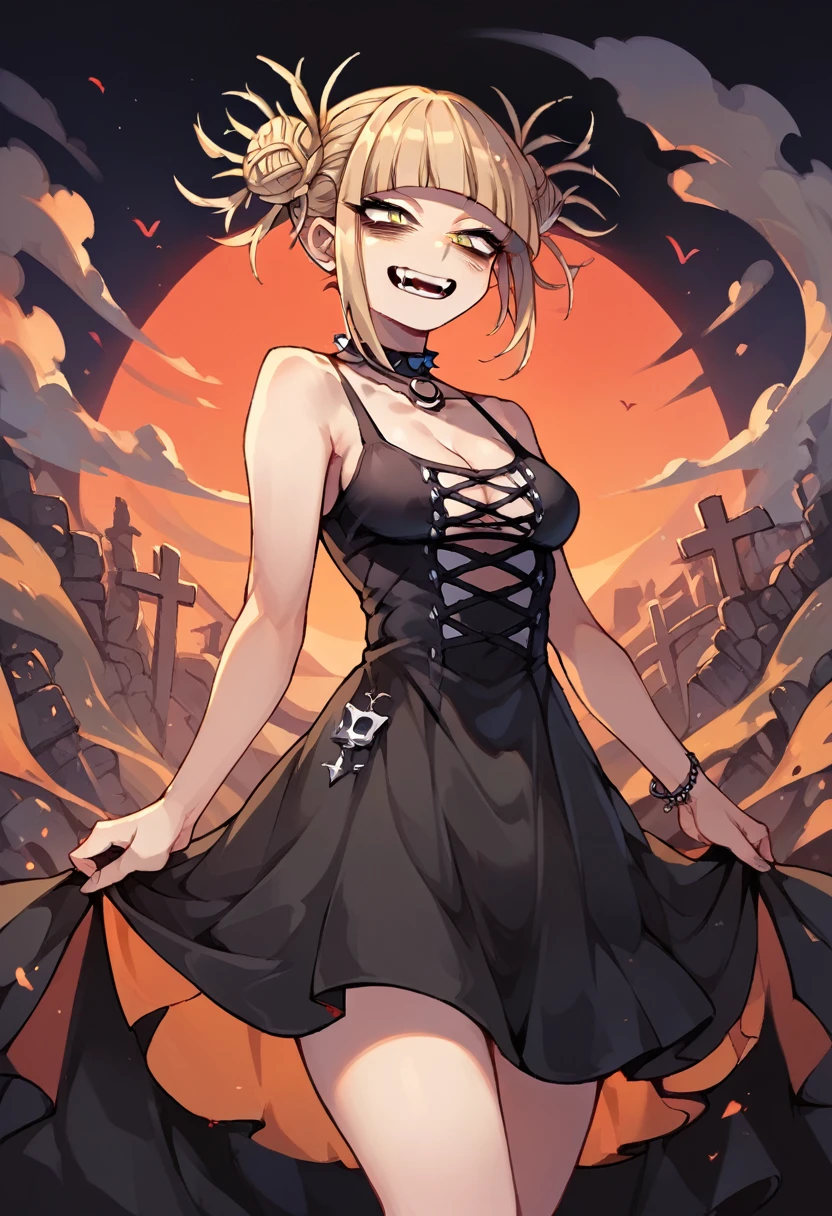 Himiko toga in a war landscape and dressed in a sexy and revealing gothic black dress (whole body) 