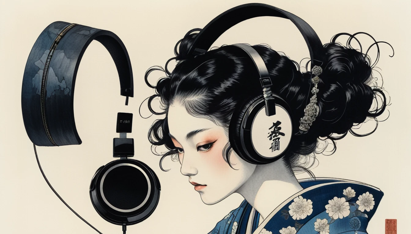 Skull Swordsman, Highest quality, Katsushika Hokusai, Ink Painting, Japanese style headphones, Black Hair, Delicate and precise, Modern ukiyo-e style, Darkness