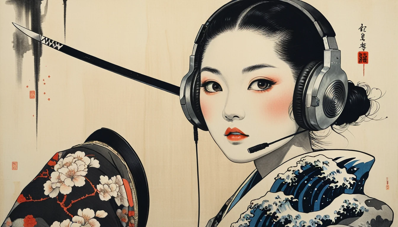 Skull Swordsman, Highest quality, Katsushika Hokusai, Ink Painting, Japanese style headphones, Black Hair, Delicate and precise, Modern ukiyo-e style, Darkness