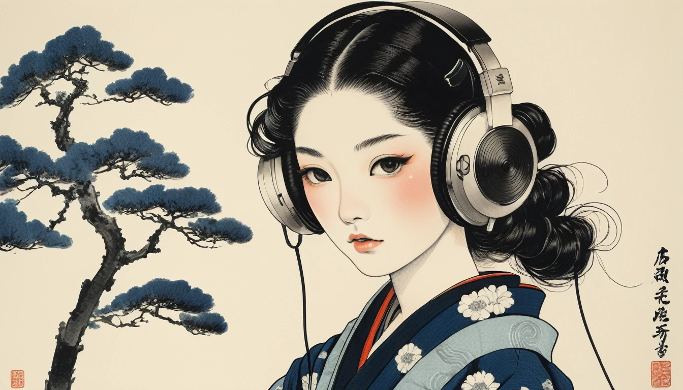 Skull Swordsman, Highest quality, Katsushika Hokusai, Ink Painting, Japanese style headphones, Black Hair, Delicate and precise, Modern ukiyo-e style, Darkness