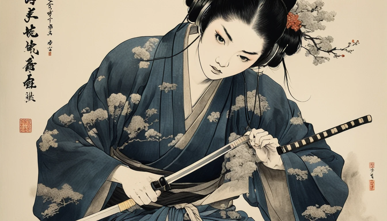 Skull Swordsman, Highest quality, Katsushika Hokusai, Ink Painting, Japanese style headphones, Black Hair, Delicate and precise, Modern ukiyo-e style, Darkness