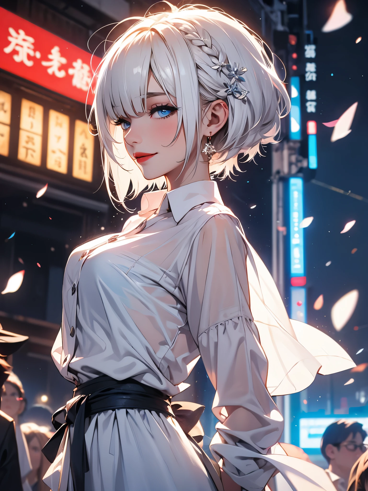 (extremely delicate and beautiful: 1.2), 1 girl, bangs straight, blue colored eyes, blur, blur background, 弓, White hair, long sideburns, low-cut button-down shirt, get away, lateral view, hair over eyes, hair 弓, latern, Light particles, long folded sleeves, look looking at the audience, short bob hair, natta, red 弓, standing alone, stele(symbol), trunk, ssmile, Red lips