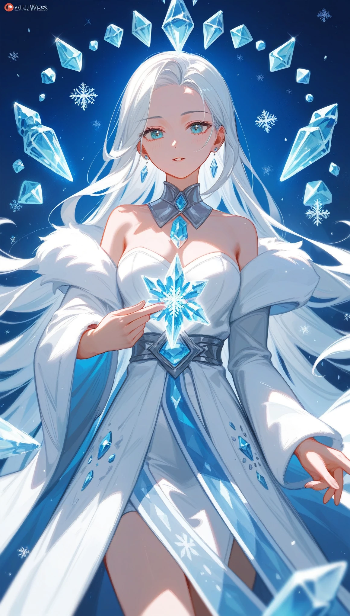 (Fraction_9,Fraction_8_Direction_7_up),1 Woman,(((bust))), Wearing a skirt,Snowflakes on skirt,Dragging ice crystals in hand,Digital Art on, White-haired deity, Ice Witch, Beautiful frost witch, Flowing Magic Robe,Ice Mage, Woman made of ice, Gu Weiss, goddess of winter, flowing white robe, White cyan,