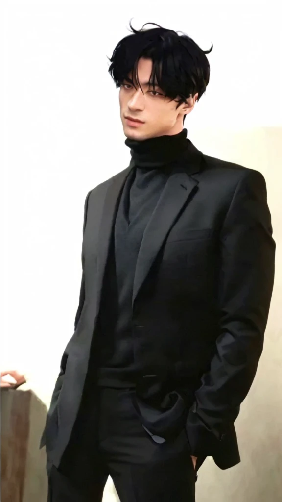 arafed image of a man in a suit and tie standing, wearing a turtleneck and jacket, wearing turtleneck, black turtleneck, full body and head, man in black, man in black suit, dark suit, wearing a black noble suit, he is wearing a black, he is wearing a suit, black suit, neo from matrix