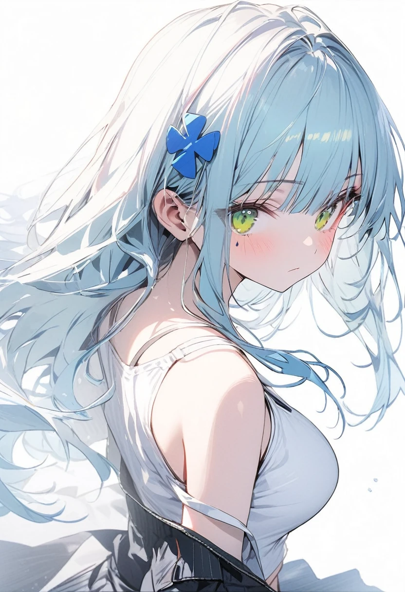 （(1girl))，(((high resolution))),((full body)),straight hair,large breatst,Masterpiece，Super detailed，((white background))，Cool look,((hk416)) ，childish appearance,(expressionless),blunt bangs,(Sky blue hair)，long hair，big breasts,Teenage Girls,Clear Eyes，Green Eyes,white skin,Great graphics( crop top camisole ), shorts, sleeveless, bare shoulders, off shoulder, open clothes,